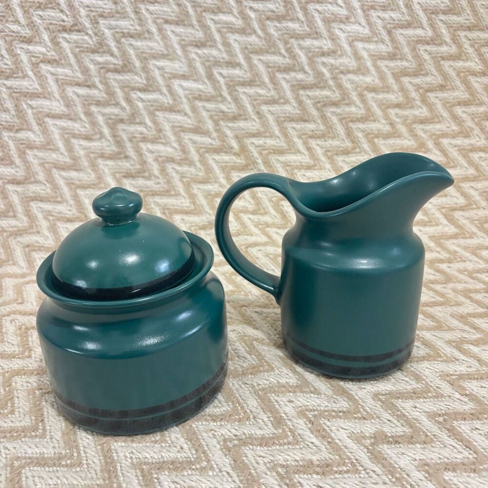 Pfaltzgraff Solstice Green Pattern Green Creamer & Sugar Bowl With Lid USA